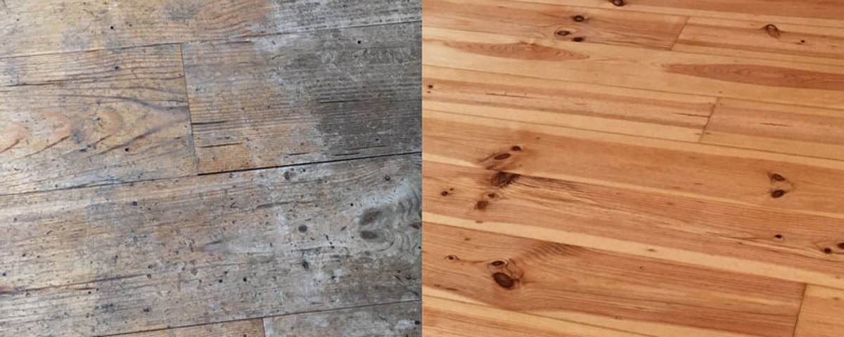 before and after image of wood floor